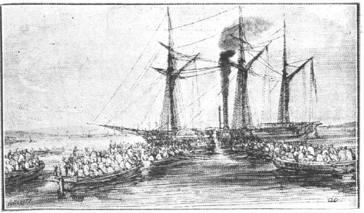 L'Albatros débarquant les colons du convois 13 à Cherchell, le 9 décembre 1848. Dessin paru dans "le Monde Illustré".