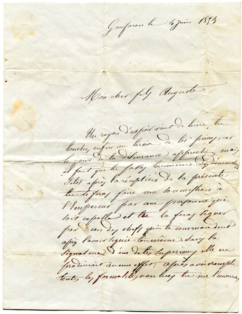 Lettre d'une mère à son fils interné politique à Boufarick datée du 4 juin 1853. Collection personnelle de l'auteur.