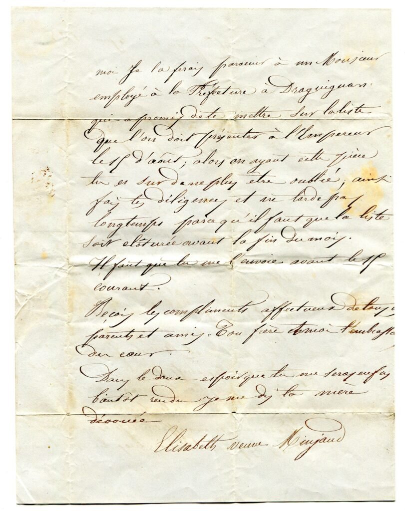 Lettre d'une mère à son fils interné politique à Boufarick datée du 4 juin 1853. Collection personnelle de l'auteur.