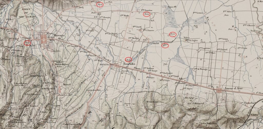 carte des emplacements des norias dans le canton de Marengo en 1889