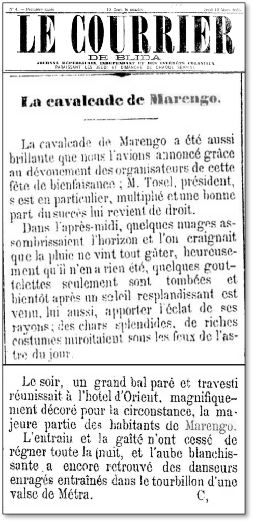 le courier de Blida, la cavalcade de Marengo 19 mars 1885