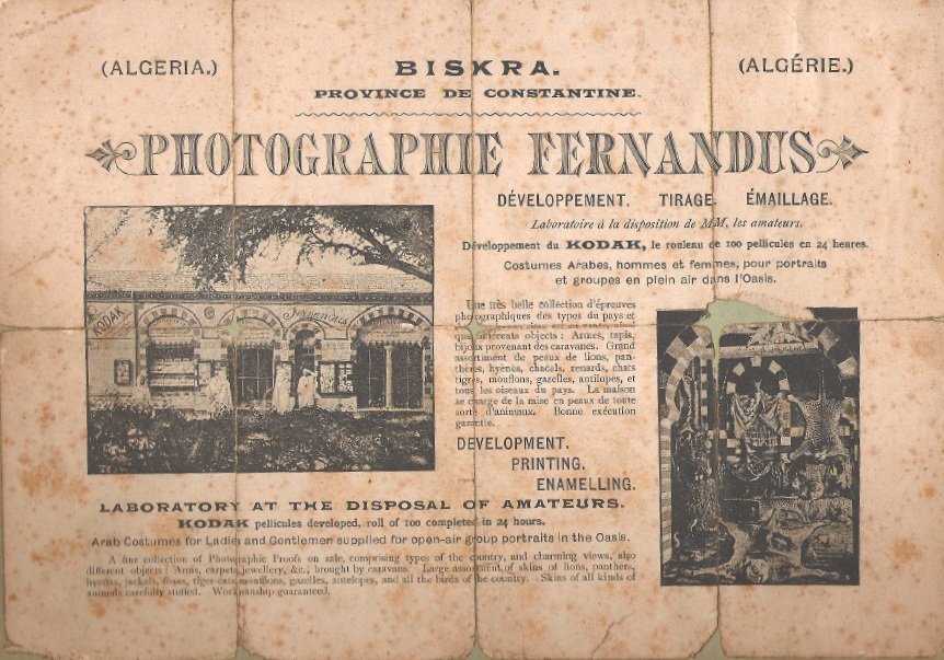 Publicité du studio Fernandus à Biskra années 1890