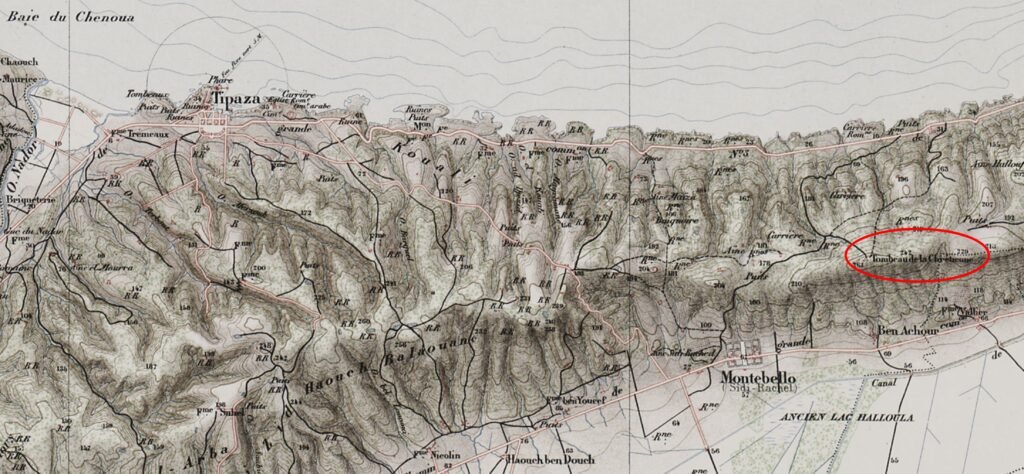 emplacement du tombeau de la chrétienne sur une carte d'état major de Tipaza 1889