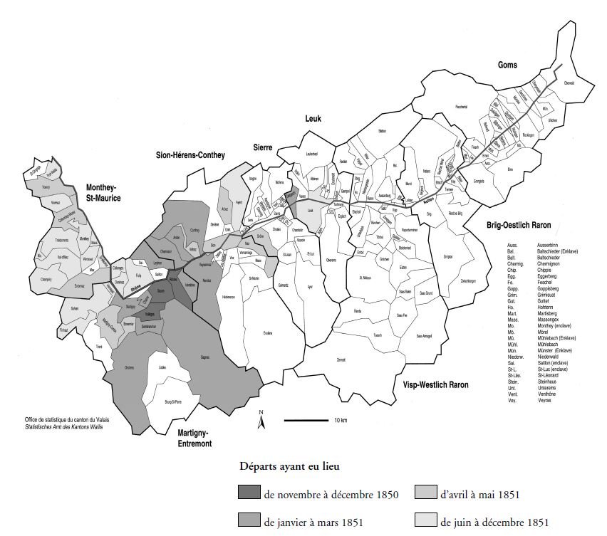 Villes et villages d'origine des Valaisans émigrés en Algérie. En haut à gauche, le village de Muraz. Source Éric Maye, Émigration des Suisses du Valais en 1851, 1995.